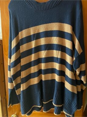 Sonoma Navy and Beige Wide-Stripe Cotton Crewneck Sweater